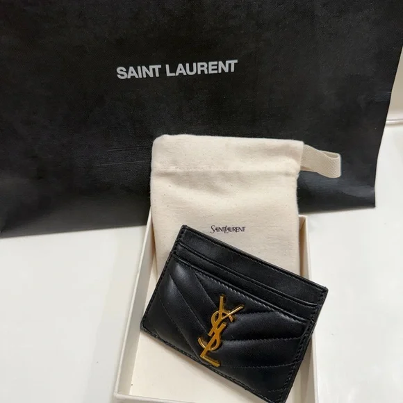Saint Laurent Black Leather Card Slot with Gold YSL Emblem - Picture 1 of 5